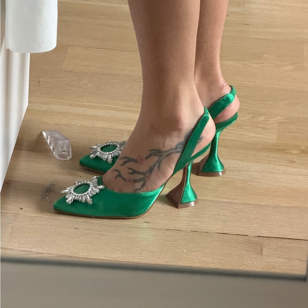 Emerald Satin Slingback Heels with Crystal Embellishment - Women Shoes